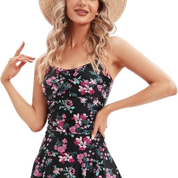 RWFVSJ One Piece Swimdress Flower Black Size Large - Picture 1 of 5